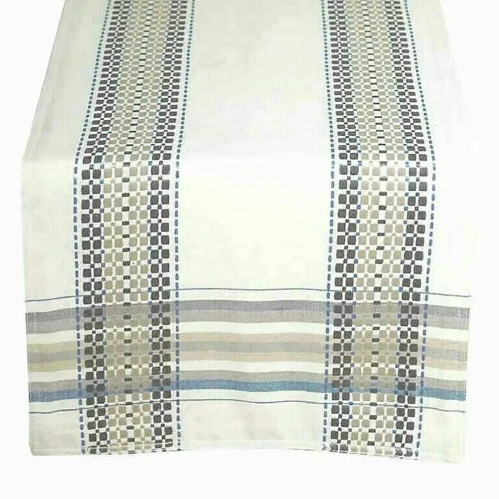 Terra Woven French Country Table Runner 14x90 Beige Blue Farm Rustic